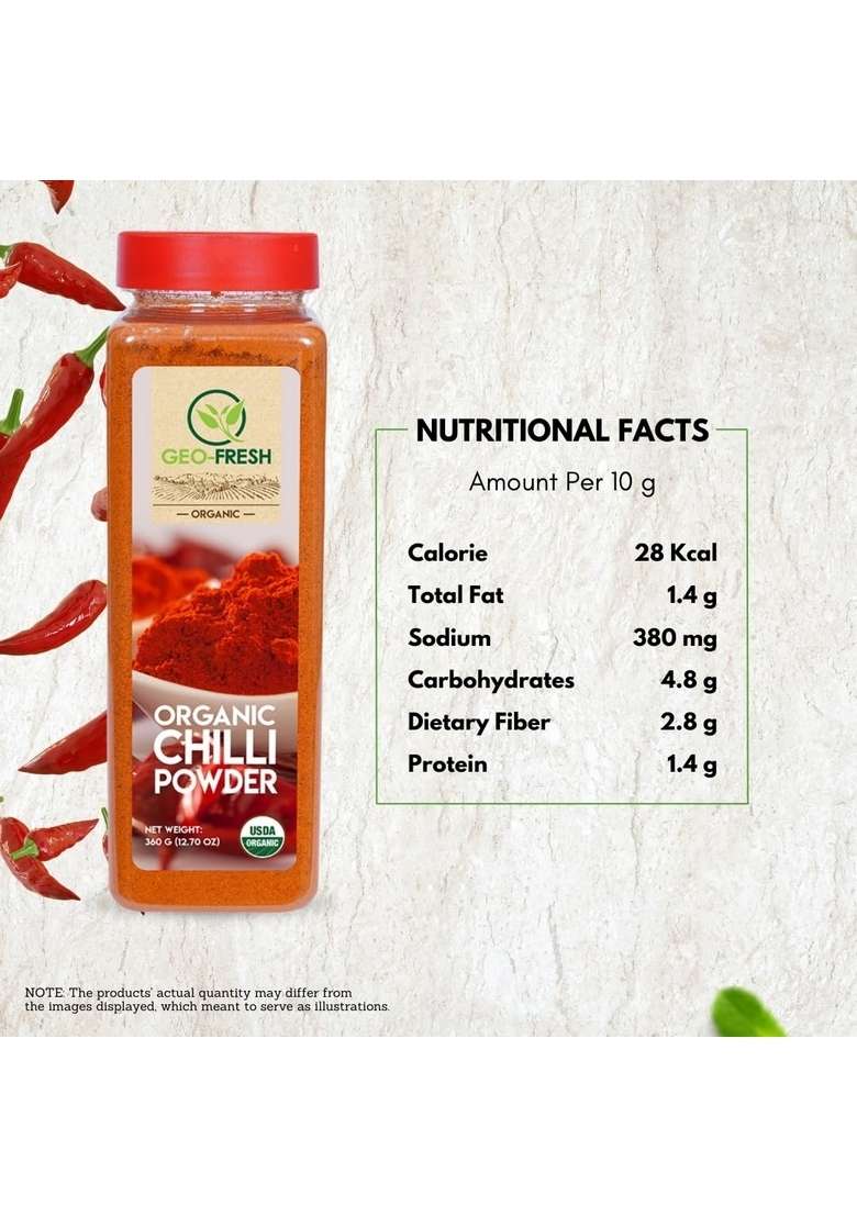 Geo-Fresh Organic Chilli Powder, 360g |Lal Mirch Powder|Rich in Colour| Taste Enhancer| No Artifical Colour & Preservatives| 100% Organic, Non-GMO, USDA Certified, Jaivik Bharat Certified - Indya