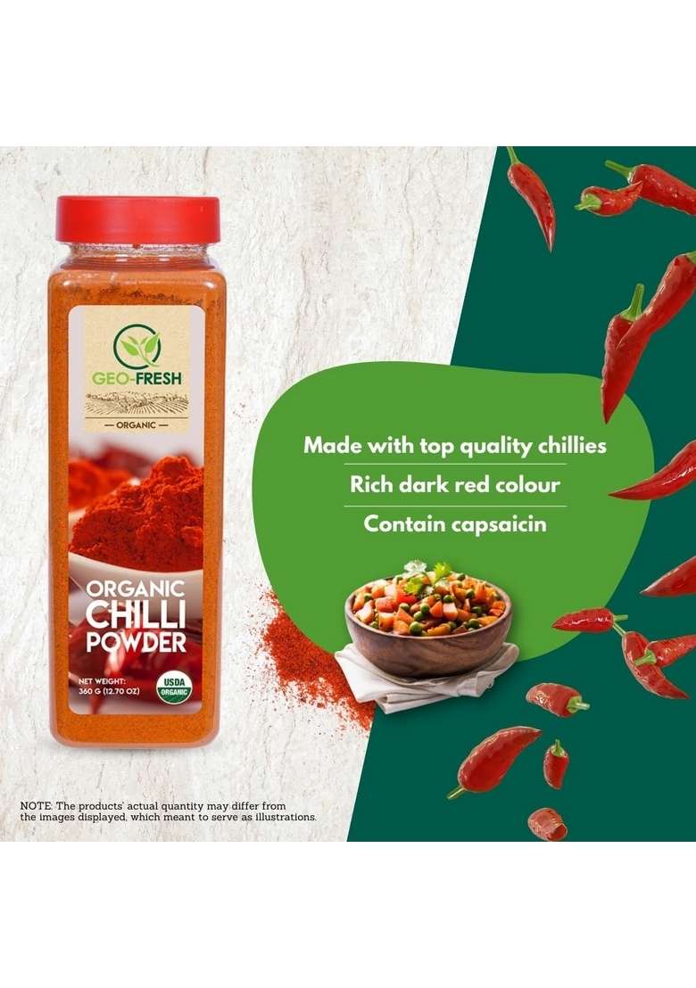 Geo-Fresh Organic Chilli Powder, 360g |Lal Mirch Powder|Rich in Colour| Taste Enhancer| No Artifical Colour & Preservatives| 100% Organic, Non-GMO, USDA Certified, Jaivik Bharat Certified - Indya