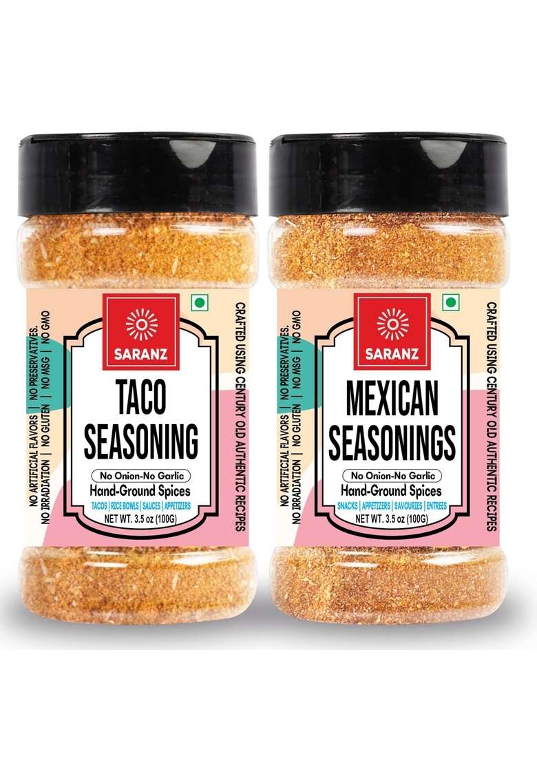 SARANZ Taco Mix Jain Exotic Seasoning & Mexican ( Combo Pack ) Perfect for Snacks, Appetizers, Savouries, Entrees, Main Dishes Aromatic and Flavoured Vegan, Dairy Free | 100 Grams Sprinkler Jar - Indya