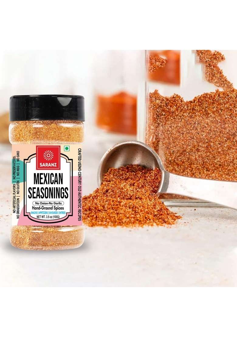 SARANZ Taco Mix Jain Exotic Seasoning & Mexican ( Combo Pack ) Perfect for Snacks, Appetizers, Savouries, Entrees, Main Dishes Aromatic and Flavoured Vegan, Dairy Free | 100 Grams Sprinkler Jar - Indya