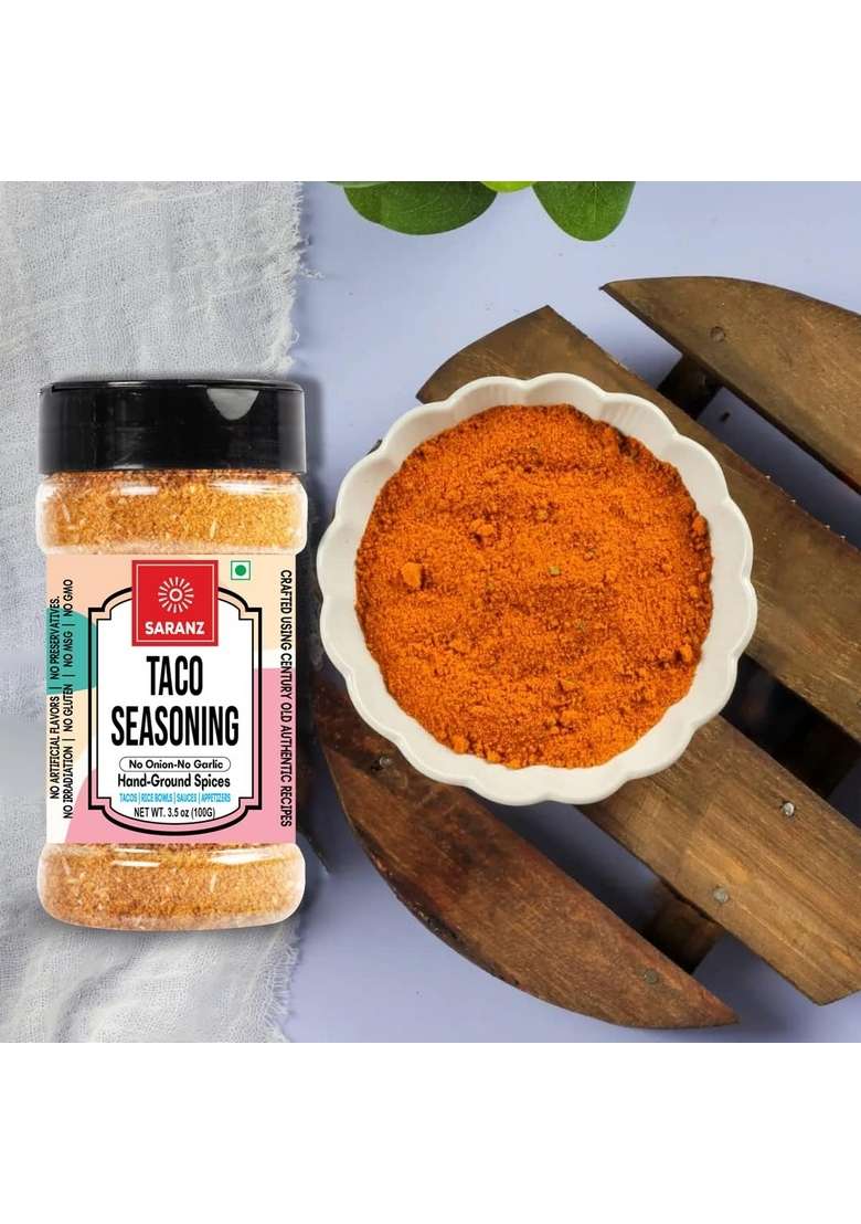 SARANZ Taco Mix Jain Exotic Seasoning & Mexican ( Combo Pack ) Perfect for Snacks, Appetizers, Savouries, Entrees, Main Dishes Aromatic and Flavoured Vegan, Dairy Free | 100 Grams Sprinkler Jar - Indya