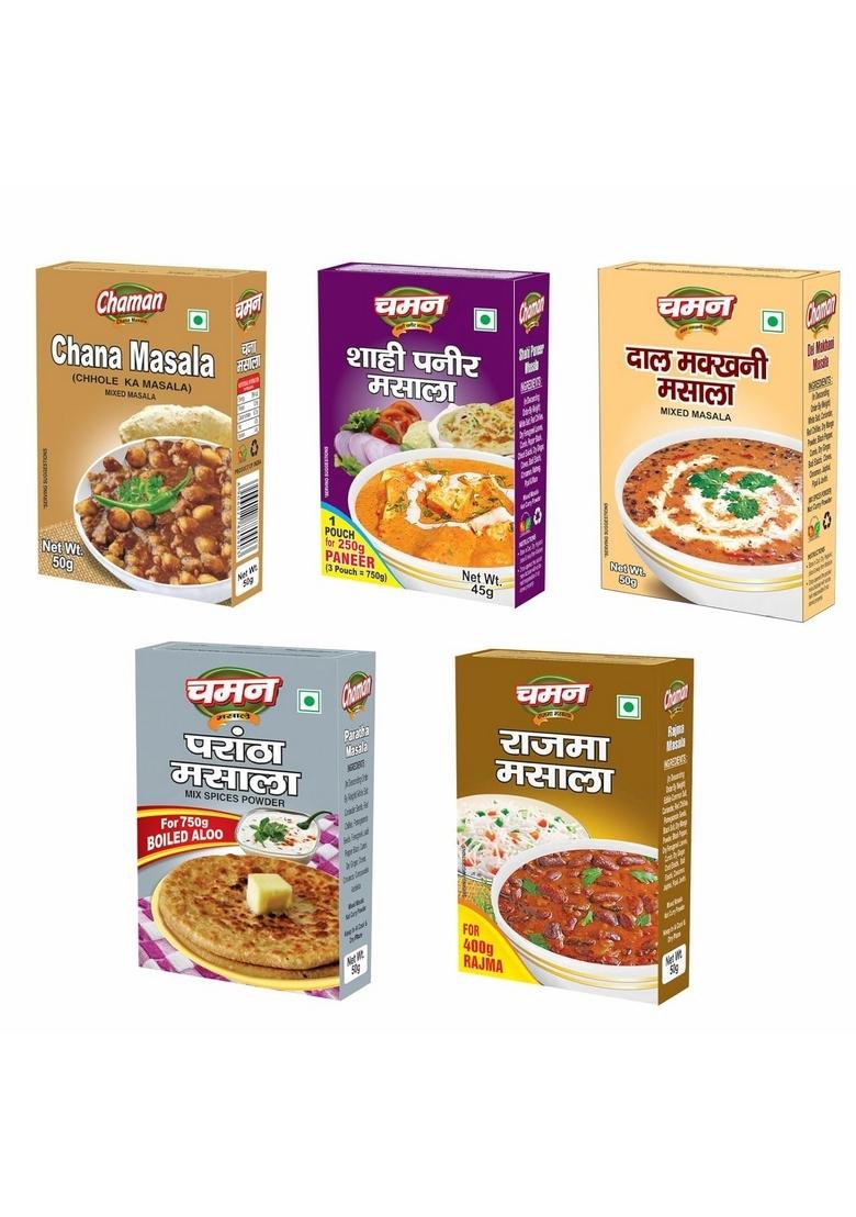 Chaman Masala Mix Combo Pack Of 5 Indian Mixes for Chana, Shahi Paneer, Dal Makhni, Paratha, and Rajma | Spice Blends Rich, Aromatic Curries Easy-to-Use Varieties
