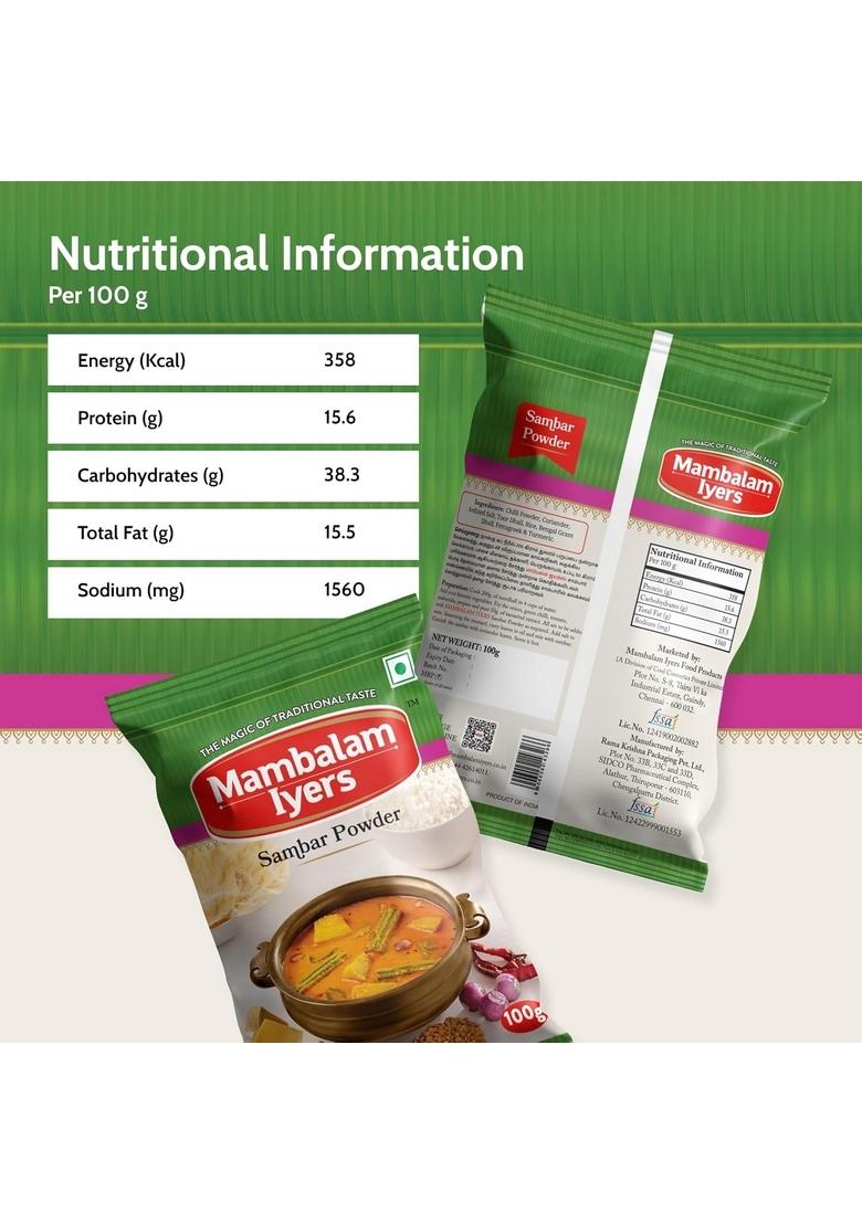Mambalam Iyers Sambar Powder -Pack of 5-100g each | Montly Saver pack A Flavourful Essential masala for south-Indian kitchen