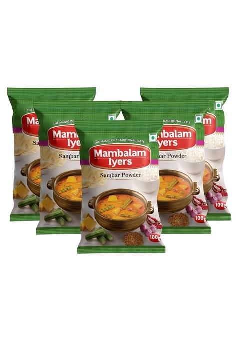 Mambalam Iyers Sambar Powder -Pack of 5-100g each | Montly Saver pack A Flavourful Essential masala for south-Indian kitchen