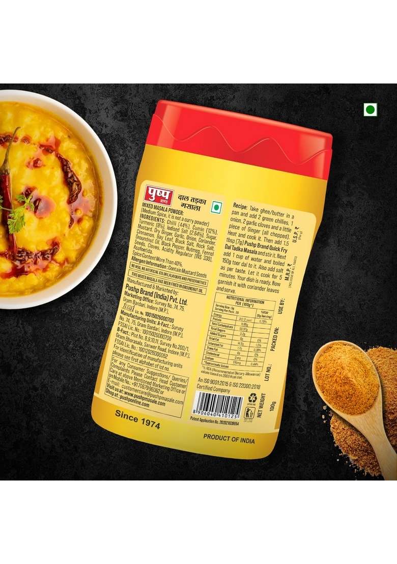 Pushp Brand - Ready to Cook Quick Fry Dal Tadka Masala, for Healthy Cooking | All Seasonings Spices Pure & Hygiene Spice Mix (100g Jar Pack of 1) - Indya