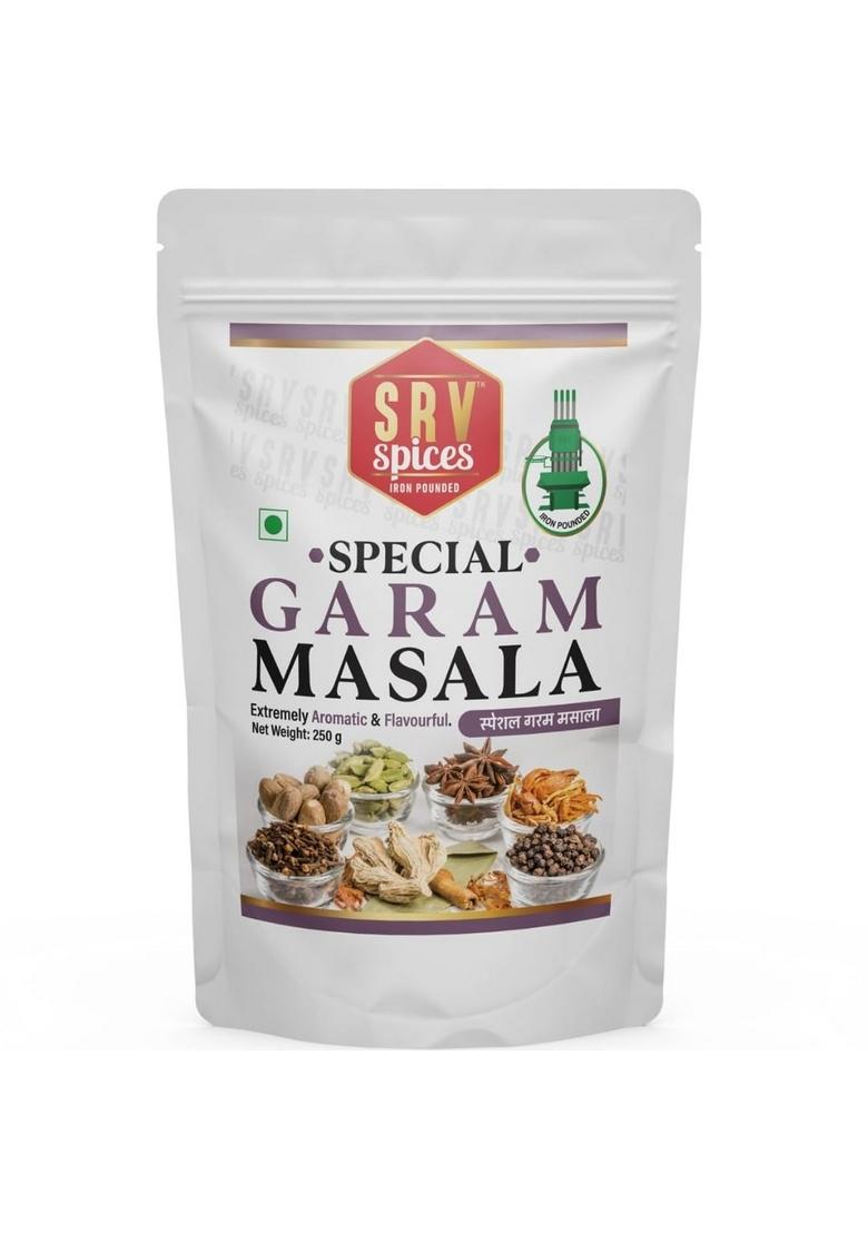 SRV SPICES (iron pounded) Special Garam Masala | Strong & Aromatic Khada Blend Iron Pounded All-Rounder Reusable Pouch Packaging (250g)