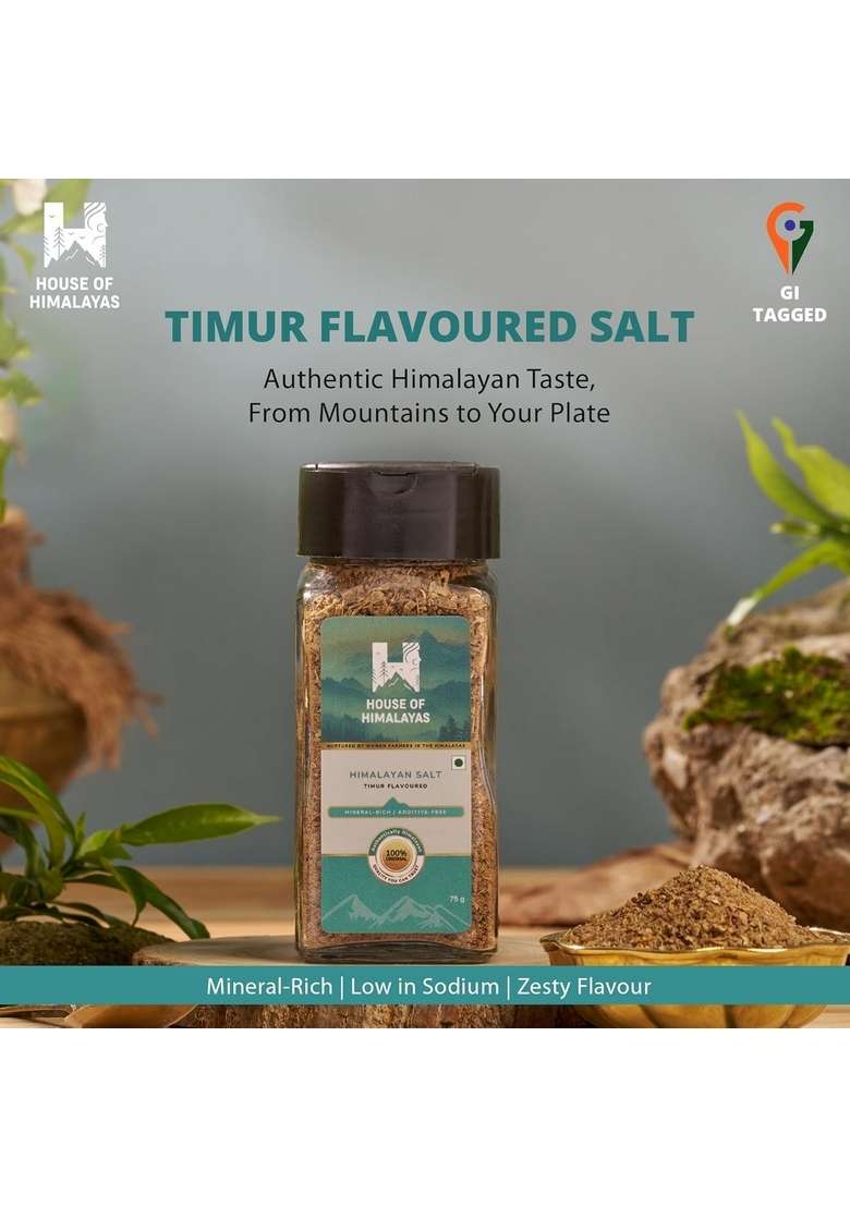 House of Himalayas Timur Flavoured Salt, Hand Ground Himalayan Mineral-Rich, Aromatic Seasoning, Natural and Authentic, with the Traditional Sil Batta, 75g - Indya