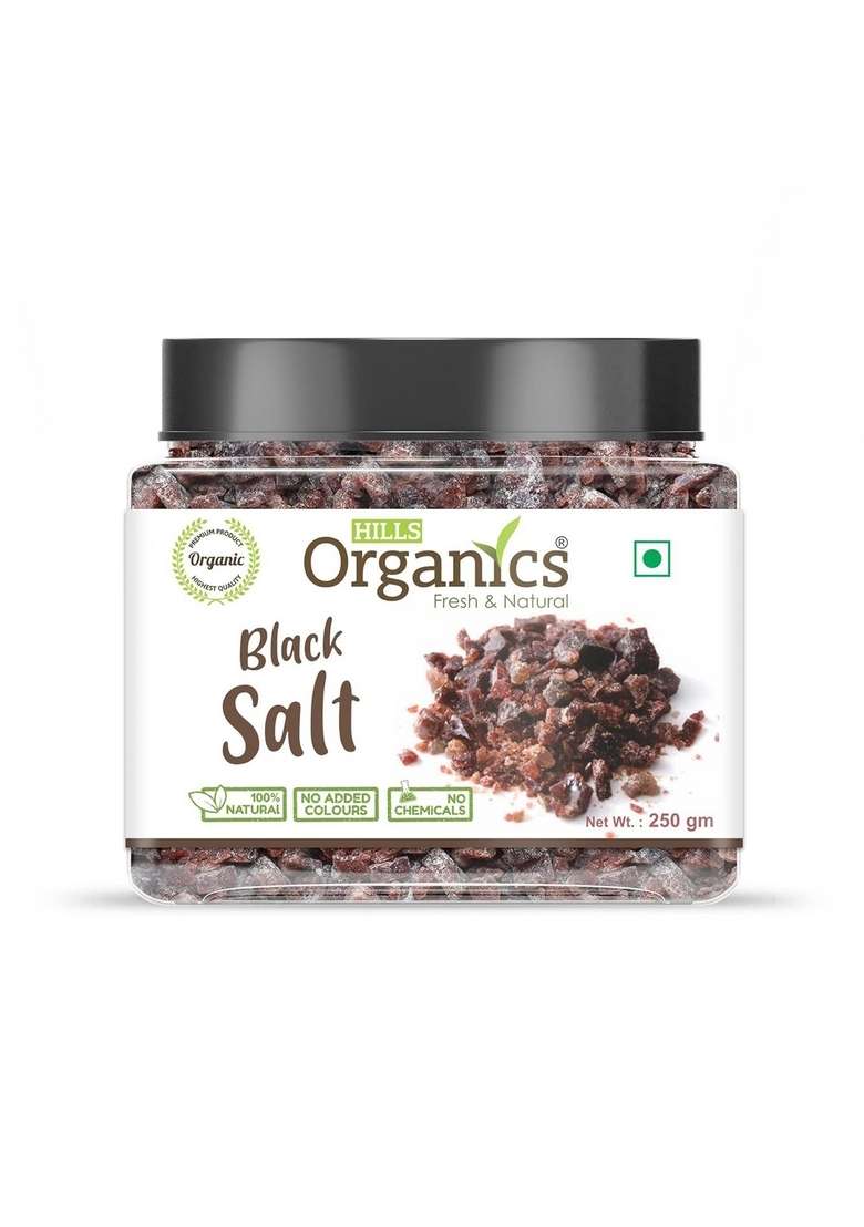 HILLS ORGANICS Himalayan Black Salt (Kala Namak) 250 gm | 100% Pure & Organic Natural Kaala Namak Use for Raita, Chaats, and Salads Substitute of White - Jar Pack - Indya