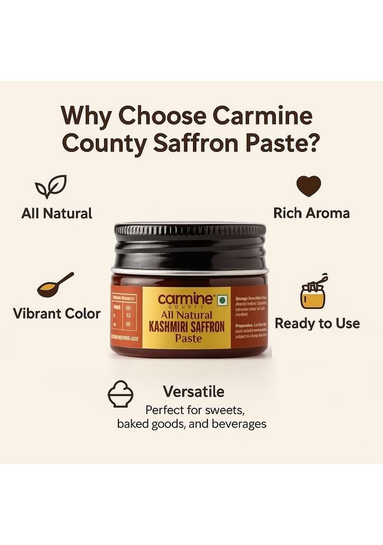 Carmine County Pure Saffron Paste 25g | Premium Grade All Natural Kesar Extract for Cooking, Baking, Desserts, Ice Cream & Sweets No Additives or Preservatives Rich Aroma, Flavor Golden Color - Indya