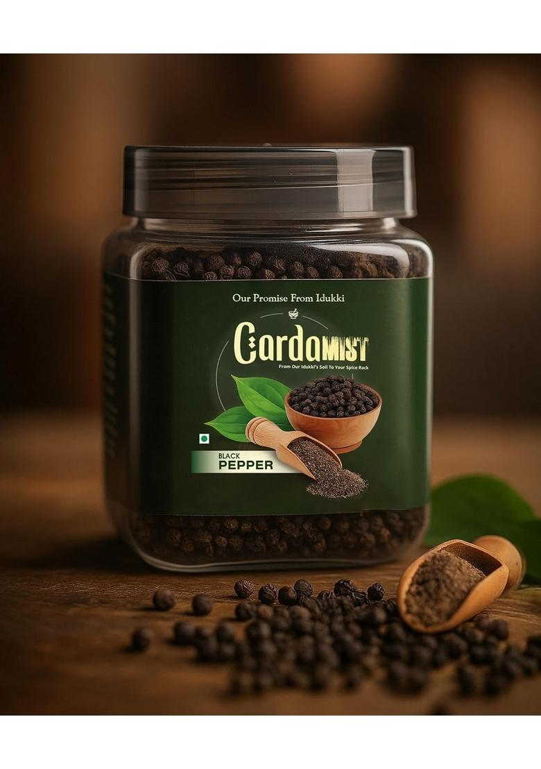 CardaMIST Idukki Black Pepper Whole | Premium Kali Mirch Sabut Natural Bold Peppercorns for Cooking & Seasoning Pure Fresh Spices Jar Pack Kitchen Use
