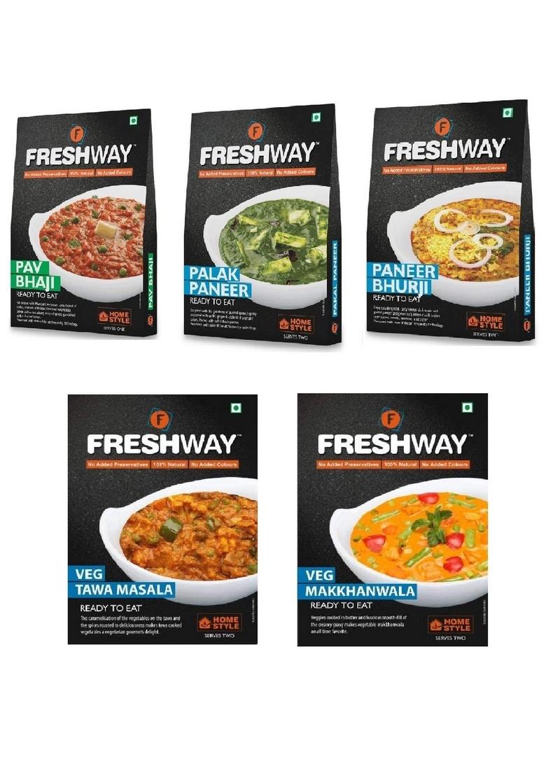 Freshway Ready To Eat Combo (Palak Paneer, Paneer Bhurji, Pav Bhaji, Tawa Masala, Makkhanwala)