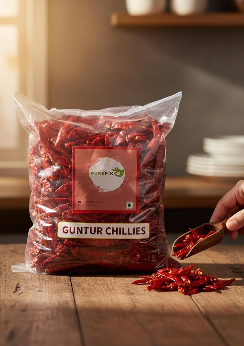 PURE PIK Guntur Sannam Chilli Whole -1 Kg|Stemless |Organically Grown | Hand Picked |Red Dry Red |Dried