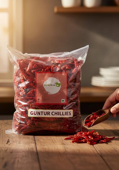 PURE PIK Guntur Sannam Chilli Whole -1 Kg|Stemless |Organically Grown | Hand Picked |Red Dry Red |Dried