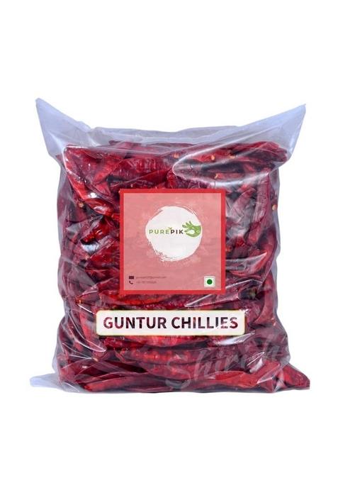 PURE PIK Guntur Sannam Chilli Whole -1 Kg|Stemless |Organically Grown | Hand Picked |Red Dry Red |Dried