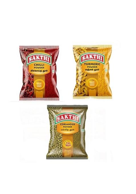 SAKTHI 200 Gm Red Chill Powder + 50 Turmeric Coriander | Indian Spices Blend Suitable for All Your Cooking No Artificial Colours and Preservatives