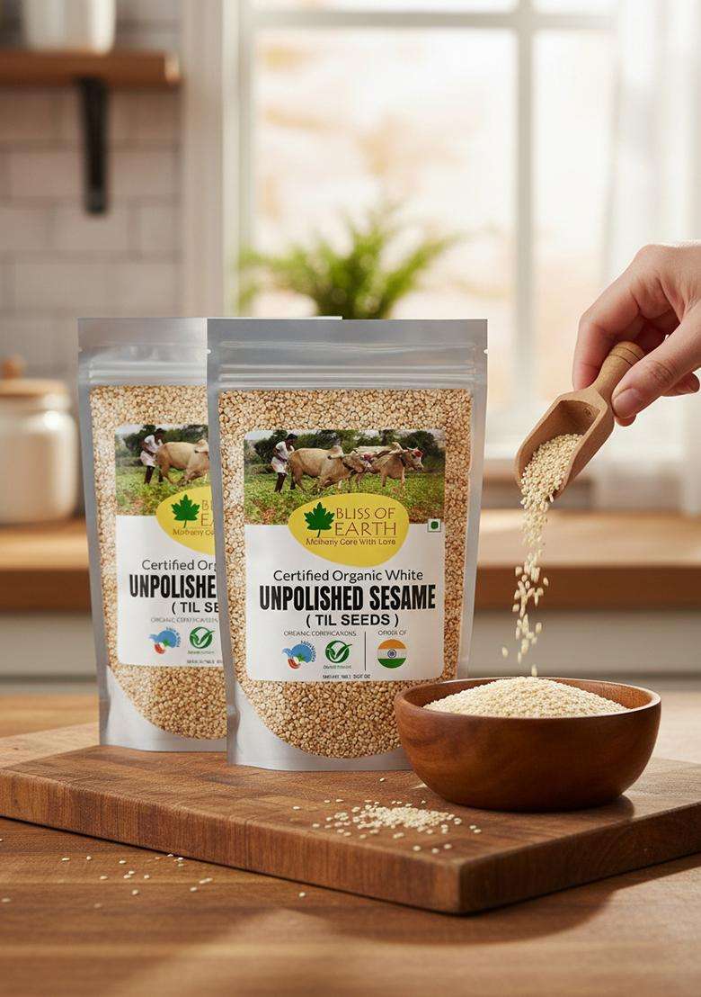 BLISS OF EARTH Organic Unpolished Sesame Seeds White For Eating, Raw Til Pack 2x1kg - Indya
