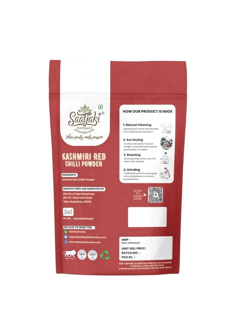 SAATYAKI NATURALS Organic Kashmiri Red Chilli Powder100% Pure, Freshly Ground Spice for Cooking, Non-GMO, Gluten-Free Perfect Curries, Marinades, and Seasoning (100gm) - Indya
