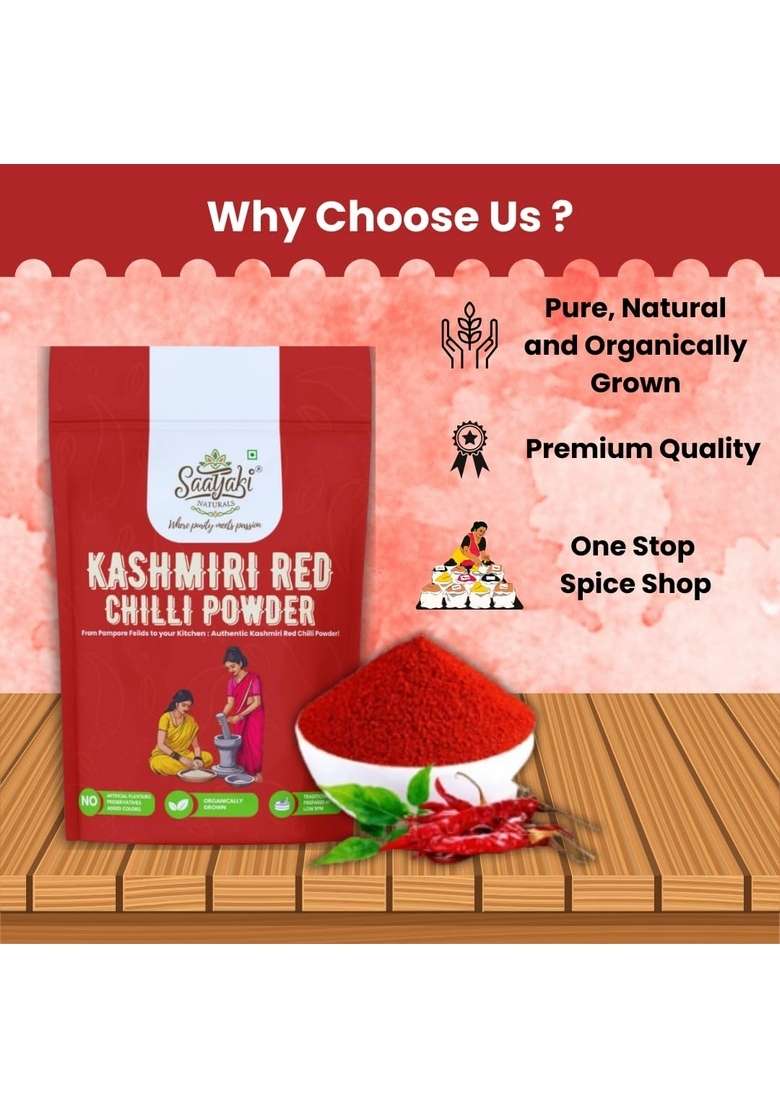 SAATYAKI NATURALS Organic Kashmiri Red Chilli Powder100% Pure, Freshly Ground Spice for Cooking, Non-GMO, Gluten-Free Perfect Curries, Marinades, and Seasoning (100gm) - Indya