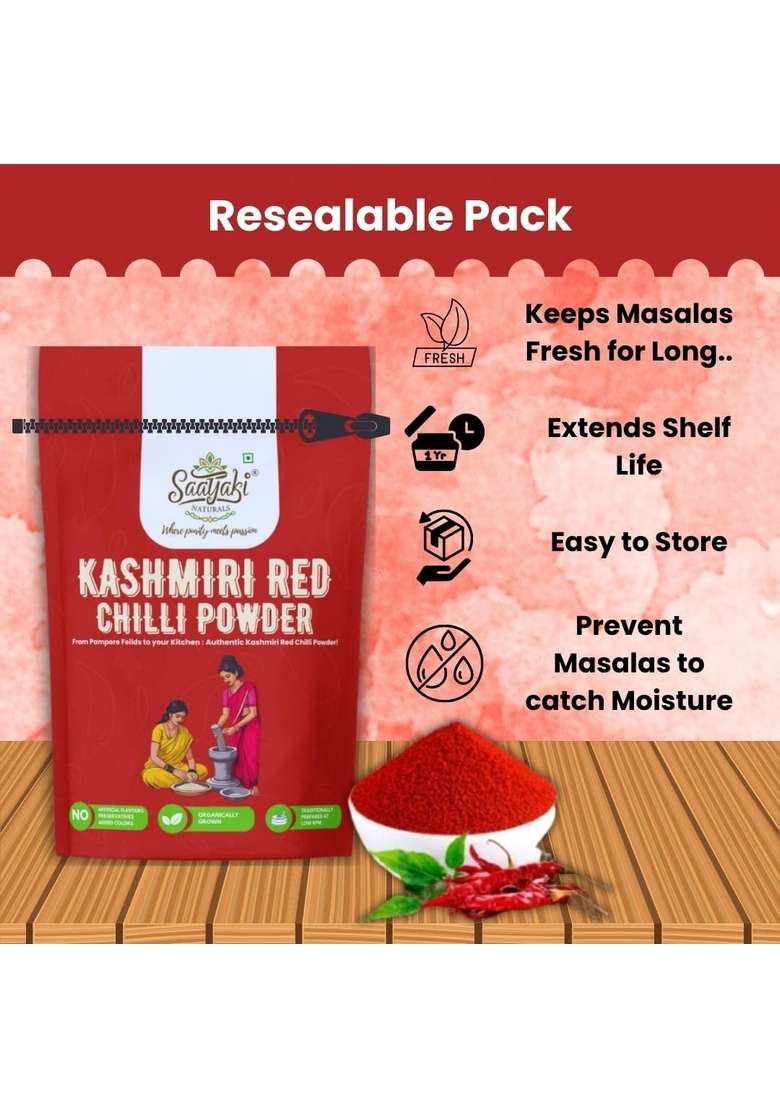 SAATYAKI NATURALS Organic Kashmiri Red Chilli Powder100% Pure, Freshly Ground Spice for Cooking, Non-GMO, Gluten-Free Perfect Curries, Marinades, and Seasoning (100gm) - Indya