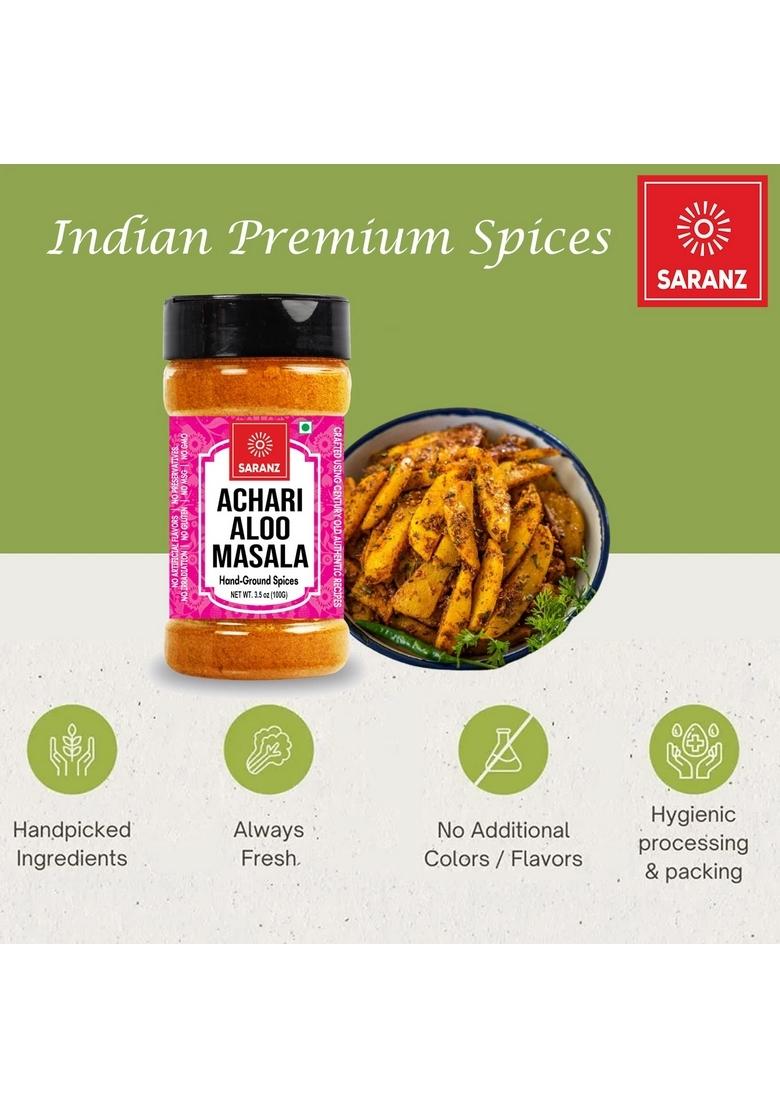 SARANZ Achari Aloo Masala, Special Masala For sabji Ideal Cooking, and Curry Fine Artisanal Spices in a 100-gram Sprinkler Jar with Rich Strong Flavor 100gm