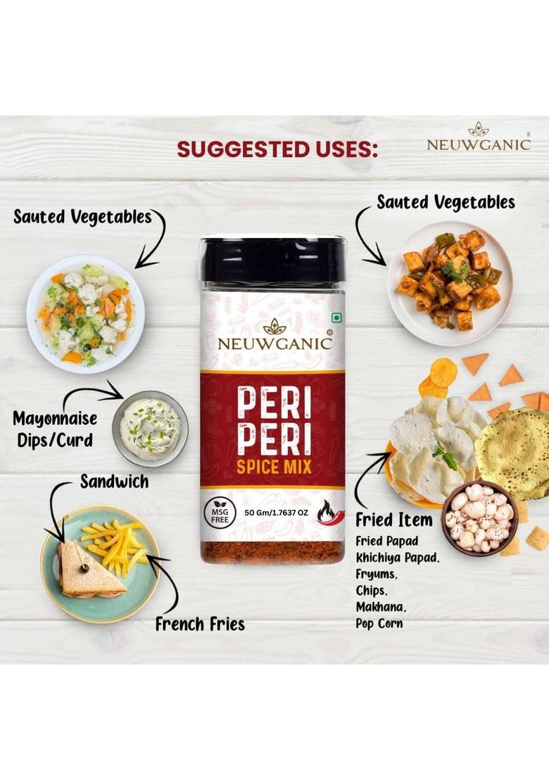 Neuwganic - Peri Mix Seasoning Spicy & Tangy Powder Flavorful for Snacks, Fries Grilled Dishes Natural Aromatic Spice Blend 50 Gm - Indya