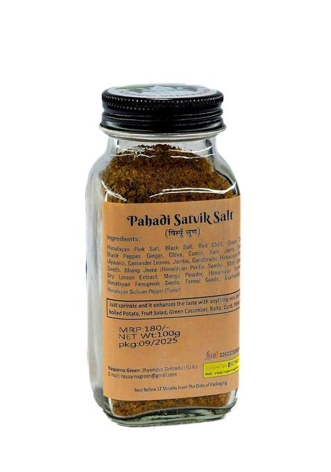 Rasparna Green Garlic-Free Satvik Herbal Flavored Salt in Sprinkler Glass Bottle | Mint Pahadi Namak Dry Pisyun Loon 100g