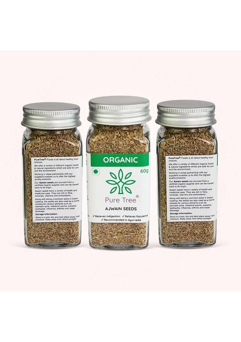 Pure Tree Certified Organic Carom Seeds | 60 g Glass Jar Ajwain Omam Vamu Ajowan Ayamodakam Rich In Antioxidants - Indya