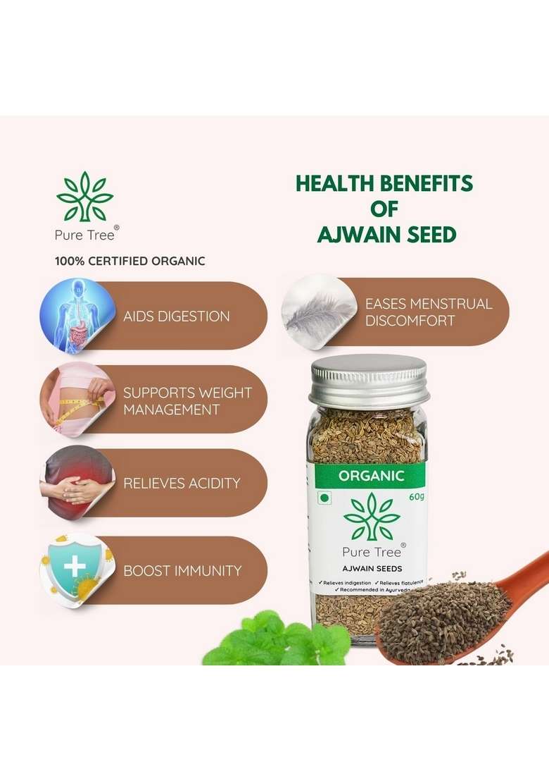 Pure Tree Certified Organic Carom Seeds | 60 g Glass Jar Ajwain Omam Vamu Ajowan Ayamodakam Rich In Antioxidants - Indya