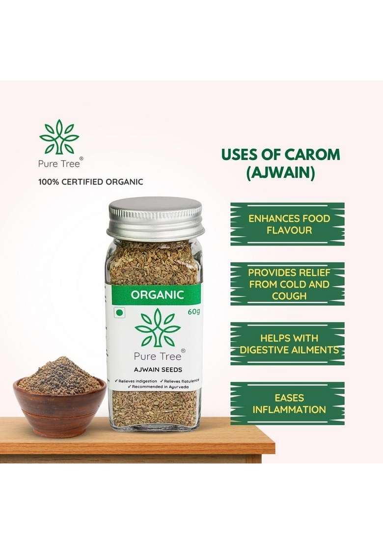 Pure Tree Certified Organic Carom Seeds | 60 g Glass Jar Ajwain Omam Vamu Ajowan Ayamodakam Rich In Antioxidants - Indya