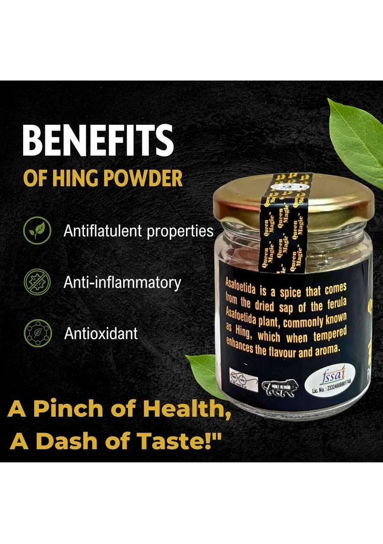 Queen Magic Hing Powder | Strong & Aromatic Asafoetida Spice Natural Digestive Aid Pure Authentic Kitchen Essential Adds Rich Aroma Flavor to Curries Vegetables (50g) - Indya