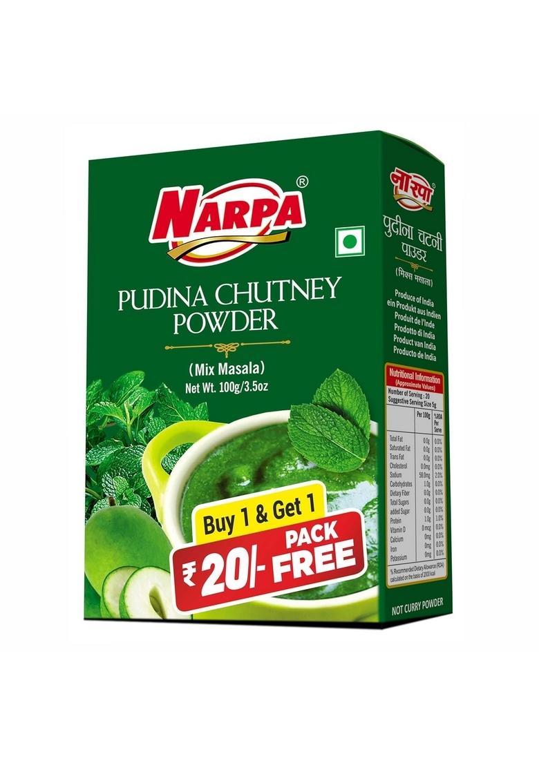 Narpa Pudina Chutney Powder 100g (1 Masala FREE! Worth 20 Randomly Picked from 26 varieties) | Fresh Mint No Preservatives, 100% Natural Ingredients Perfect for Snacks, Dips & Sandwiches