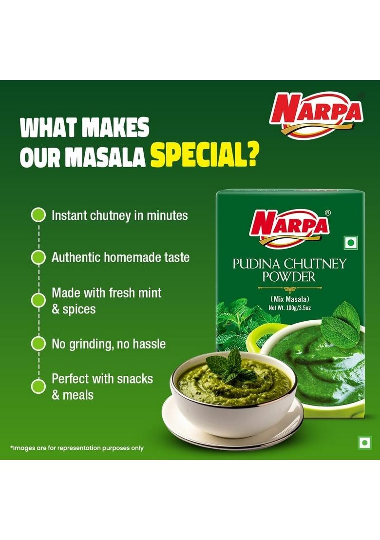 Narpa Pudina Chutney Powder 100g (1 Masala FREE! Worth 20 Randomly Picked from 26 varieties) | Fresh Mint No Preservatives, 100% Natural Ingredients Perfect for Snacks, Dips & Sandwiches