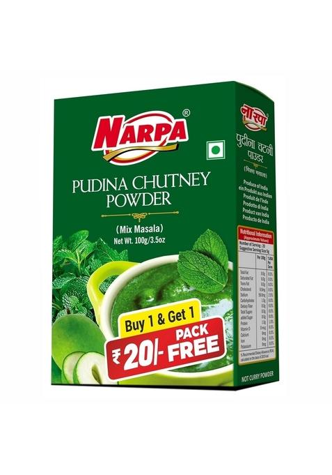 Narpa Pudina Chutney Powder 100g (1 Masala FREE! Worth 20 Randomly Picked from 26 varieties) | Fresh Mint No Preservatives, 100% Natural Ingredients Perfect for Snacks, Dips & Sandwiches