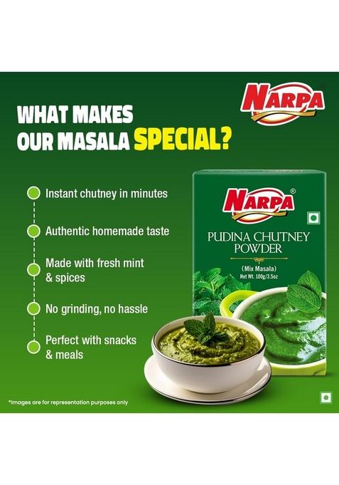 Narpa Pudina Chutney Powder 100g (1 Masala FREE! Worth 20 Randomly Picked from 26 varieties) | Fresh Mint No Preservatives, 100% Natural Ingredients Perfect for Snacks, Dips & Sandwiches
