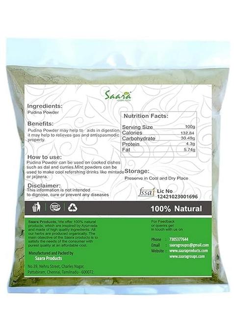 Saara HERBAL FRESH Mint Leaves Powder, 100g, Pudina Mentha Spicata Helpful in Bloating And Gas (Pack of 2 X 50g)