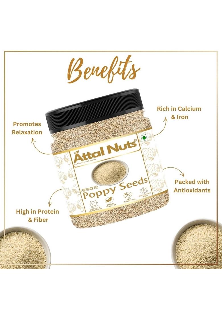 Attal Nuts Premium Poppy Seeds (Khas Khas) | 100% Pure & Natural White Posta Dana for Cooking, Baking Traditional Dishes Hygienically Packed (250g)