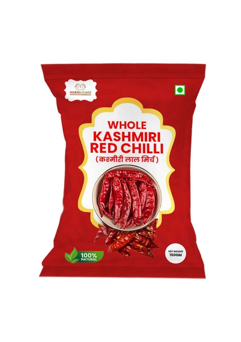 Mobile Chakki Premium Kashmiri Dry Red Chilli Whole (Lal Mirch Sabut) | Naturally Sun-Dried Rich Color & Mild Heat Smoky Aroma Ideal for Tadka Curries, 0.25Kg - Indya