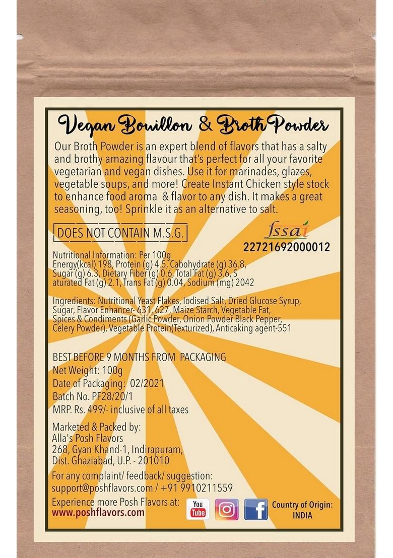 Alla's Posh Flavors Vegan Bouillon & Broth Powder | 5 Individual Sachets litres of Soup Stock Instant Chicken Style 100% NO MSG Fortified with Nutritional Yeast Flakes