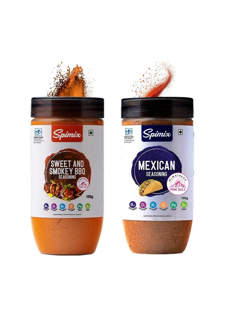 SPIMIX BBQ Lovers Combo | Sweet Smokey & Mexican Seasoning with Vitamins For Chicken, Paneer, Fish, Tacos, Fries, Roasted Veggies, Popcorn, Grills Dishes Flavorful Seasonings 2 x 100g