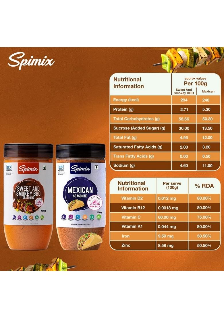 SPIMIX BBQ Lovers Combo | Sweet Smokey & Mexican Seasoning with Vitamins For Chicken, Paneer, Fish, Tacos, Fries, Roasted Veggies, Popcorn, Grills Dishes Flavorful Seasonings 2 x 100g