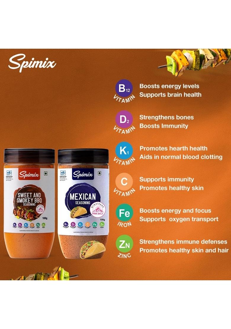 SPIMIX BBQ Lovers Combo | Sweet Smokey & Mexican Seasoning with Vitamins For Chicken, Paneer, Fish, Tacos, Fries, Roasted Veggies, Popcorn, Grills Dishes Flavorful Seasonings 2 x 100g