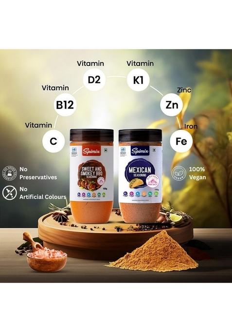 SPIMIX BBQ Lovers Combo | Sweet Smokey & Mexican Seasoning with Vitamins For Chicken, Paneer, Fish, Tacos, Fries, Roasted Veggies, Popcorn, Grills Dishes Flavorful Seasonings 2 x 100g