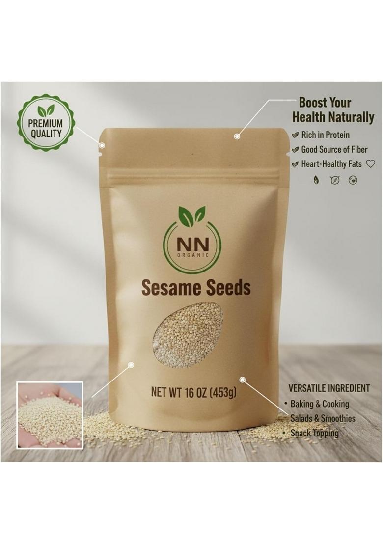 NNorganic Sesame Seeds, Natural White, 16 Oz (453g), Quality Raw Seeds in Resealable Pouch | NN Organic Til Till