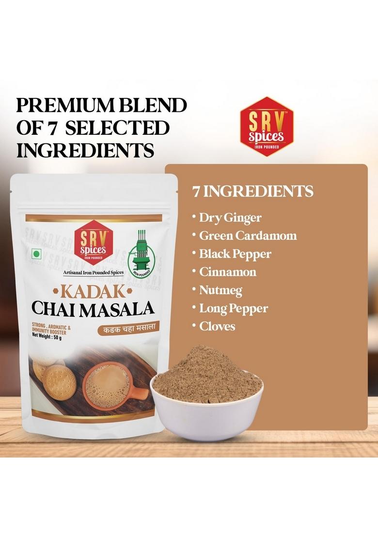 SRV SPICES (iron pounded) Tea Masala Powder 50Gm | Kadak Chai With 7 Aromatic Spices, Organic Ingredients, Refreshing, Immunity Booster No Preservative (50 g)
