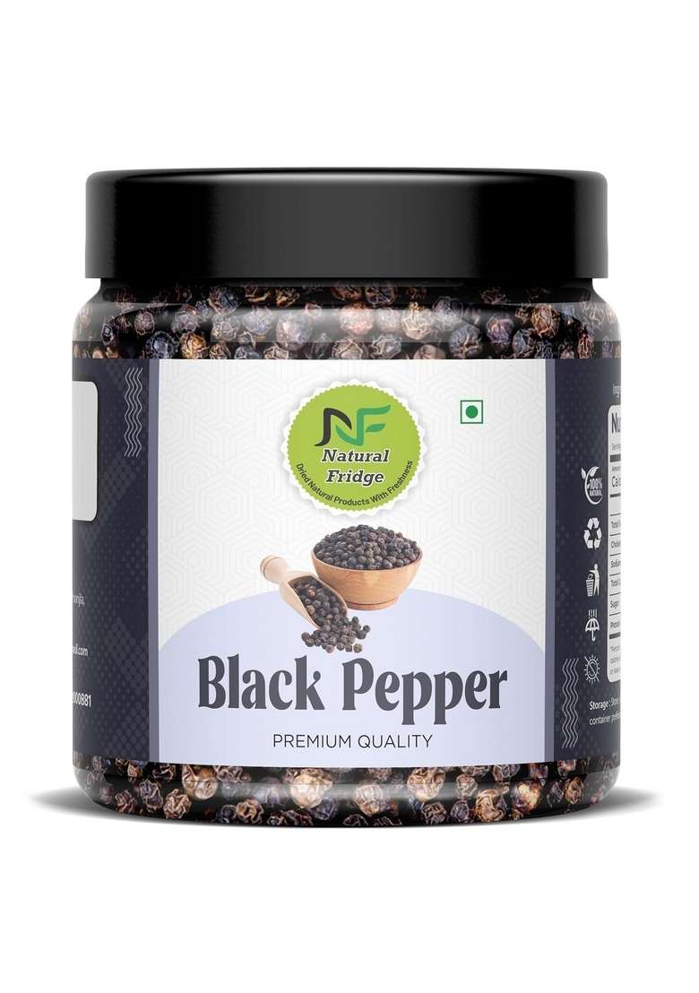 Natural Fridge Nature Whole Black Pepper 250G- Pouch Pack | Dried Kali Mirch Zero added Colours, Additives & Preservatives High Volatile Oil Content Indian Spices And Masala - Indya