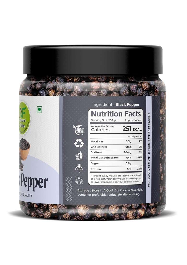 Natural Fridge Nature Whole Black Pepper 250G- Pouch Pack | Dried Kali Mirch Zero added Colours, Additives & Preservatives High Volatile Oil Content Indian Spices And Masala - Indya