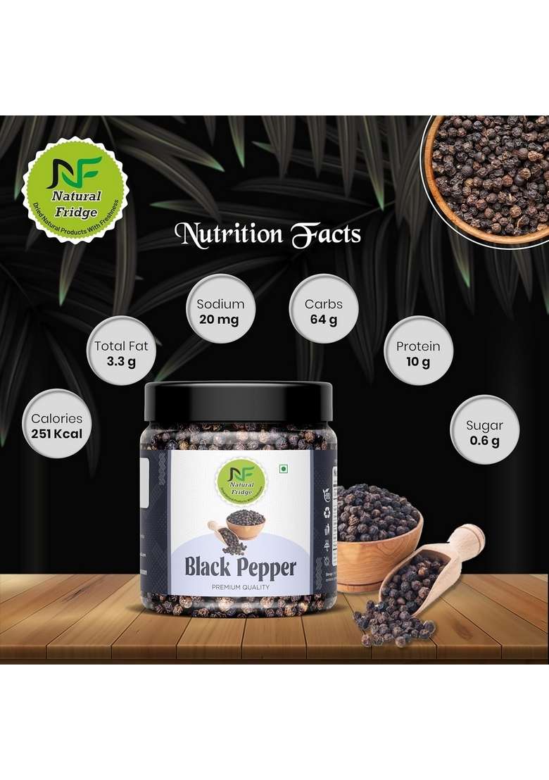 Natural Fridge Nature Whole Black Pepper 250G- Pouch Pack | Dried Kali Mirch Zero added Colours, Additives & Preservatives High Volatile Oil Content Indian Spices And Masala - Indya
