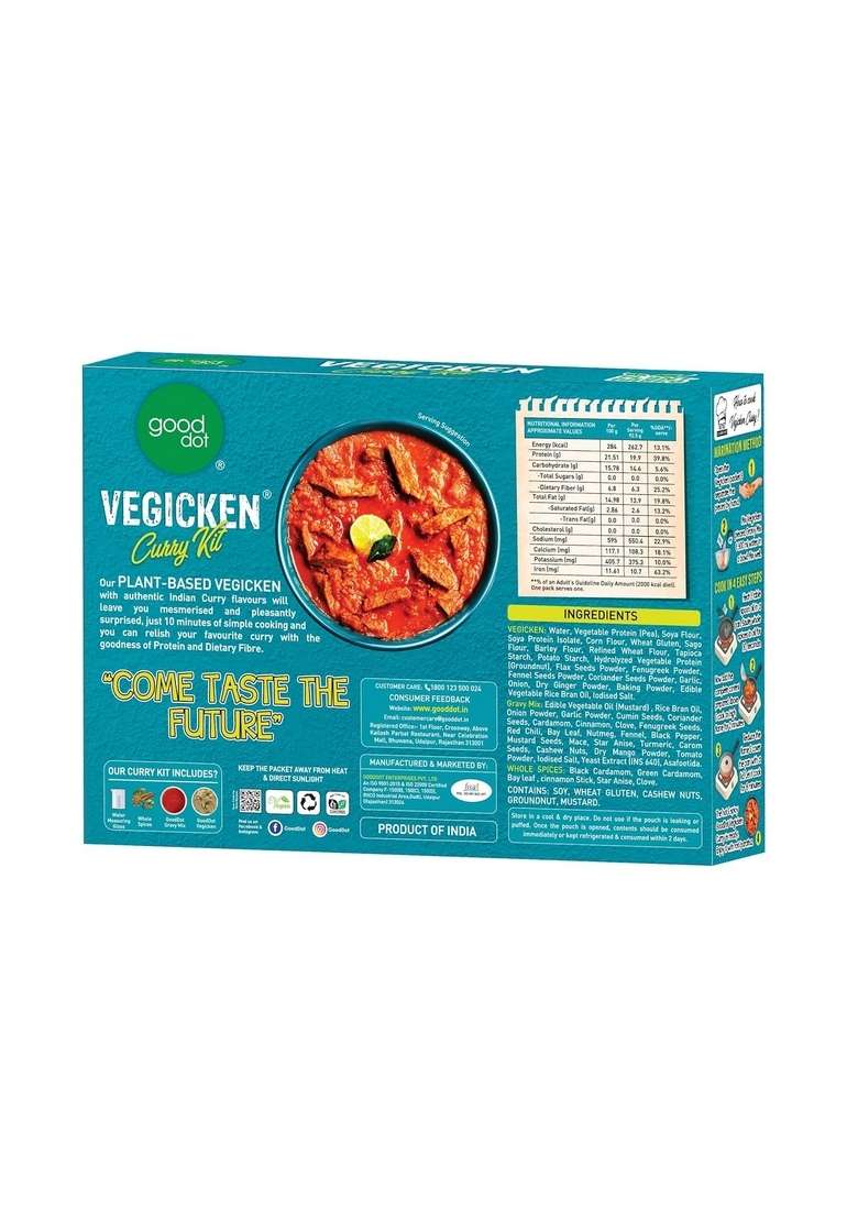 gooddot Vegicken Curry Kit- Cruelty Free Vegan Mock Meat | Vegetarian & Friendly Plant Based High Protein with Dietary Fiber and Zero Cholesterol Come Taste The Future - (370 g) - Indya