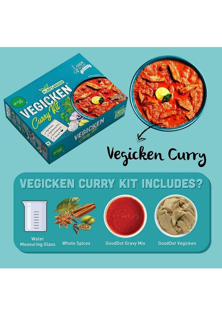 gooddot Vegicken Curry Kit- Cruelty Free Vegan Mock Meat | Vegetarian & Friendly Plant Based High Protein with Dietary Fiber and Zero Cholesterol Come Taste The Future - (370 g) - Indya
