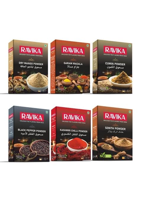 RAVIKA - Dry Mango Powder | Garam Masala Cumin Black Pepper Powdr Kashmiri Chilli Sonth (50G Each) Combo (Pack Of 6)